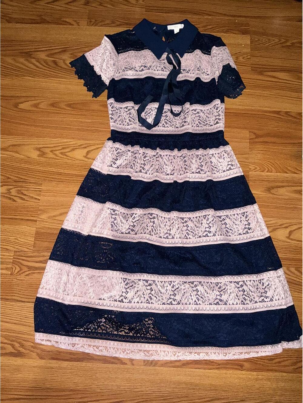1901 Nordstrom Navy and Beige Lace Dress with Collar and Tie Detail